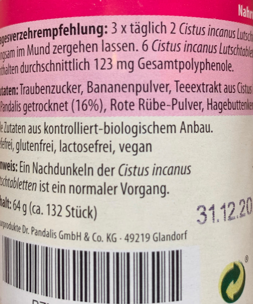 Cistus Incanus Bio Lutschtabletten Dr Pandalis 64 g