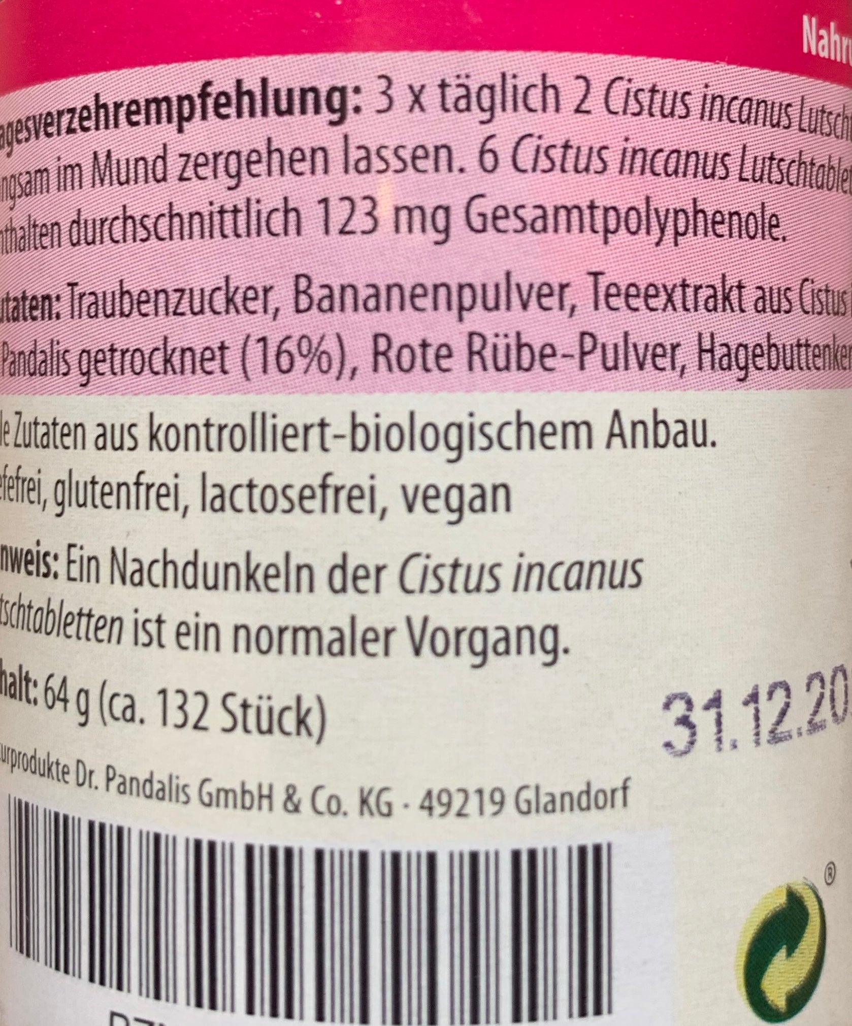 Cistus Incanus Bio Lutschtabletten Dr Pandalis 64 g